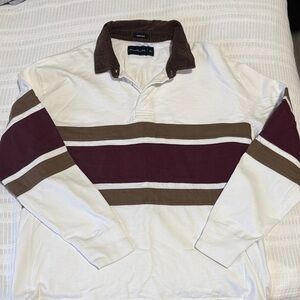 Abercrombie & Fitch White Rugby Shirt with Burgundy and Brown Stripes